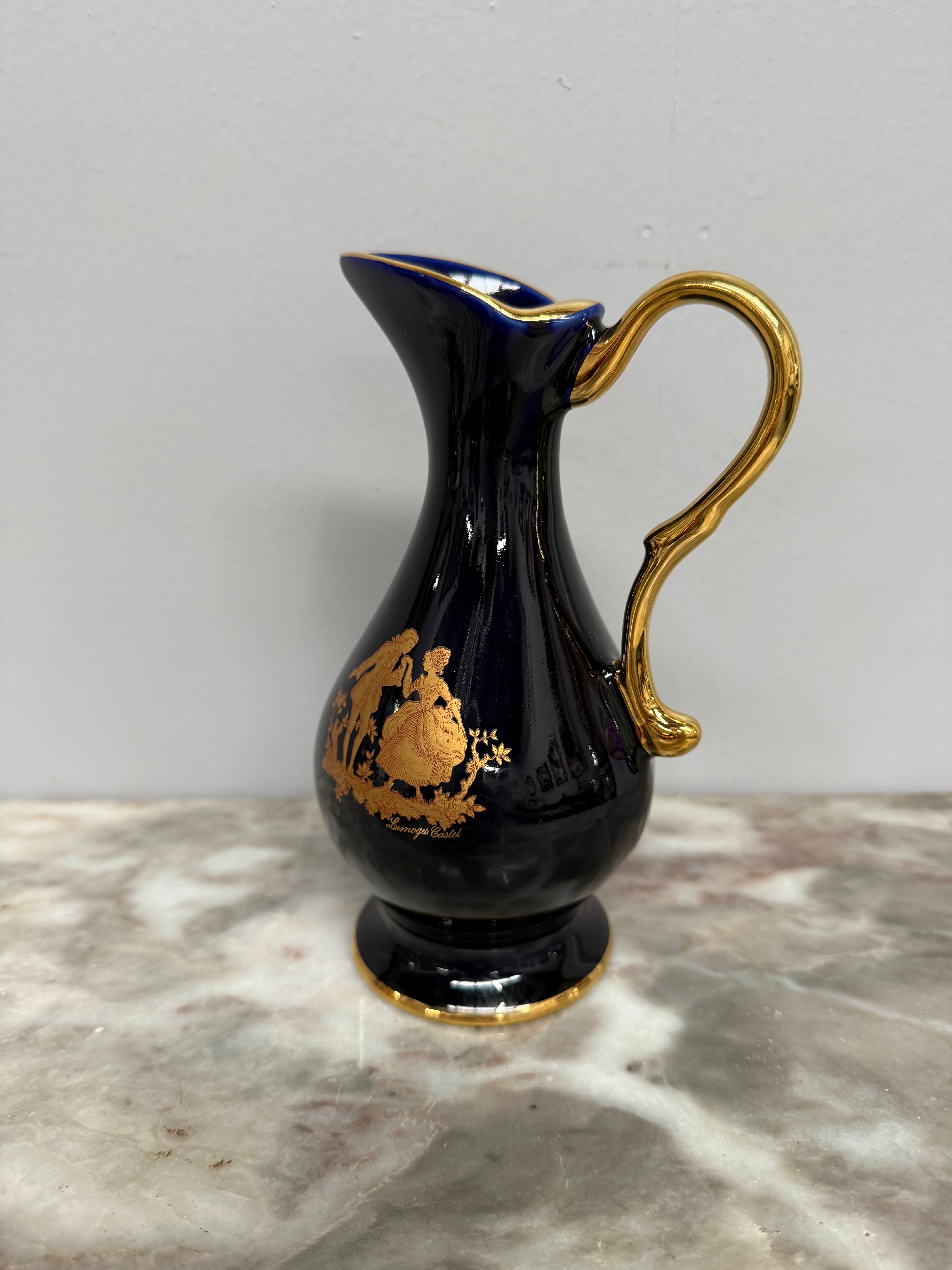 Limoges Vintage Cobalt Blue & Gilt Jug Signed 22K Gold