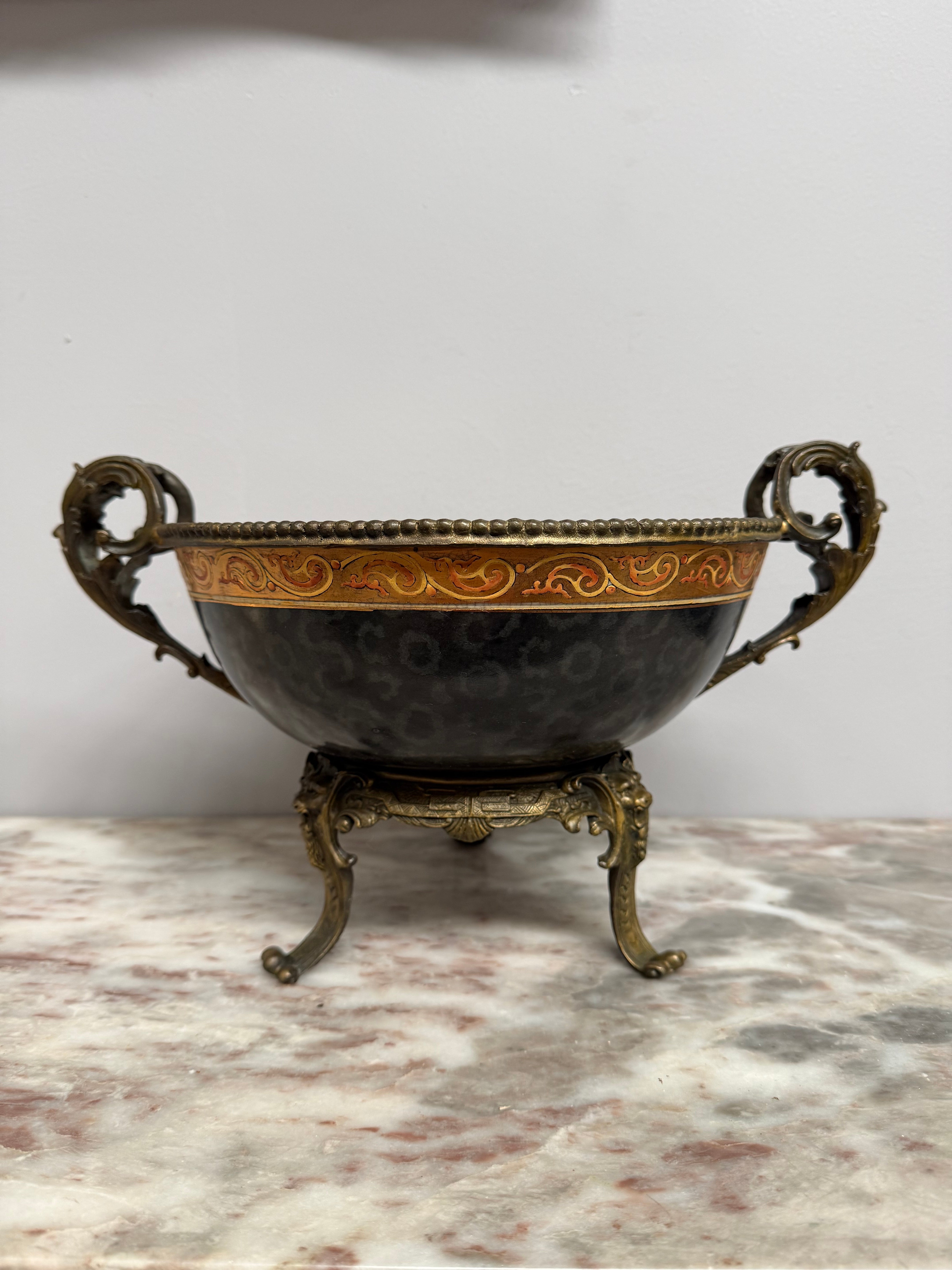 Vintage Decorative Bronze Mounted Gilded Ceramic Bowl On Feet