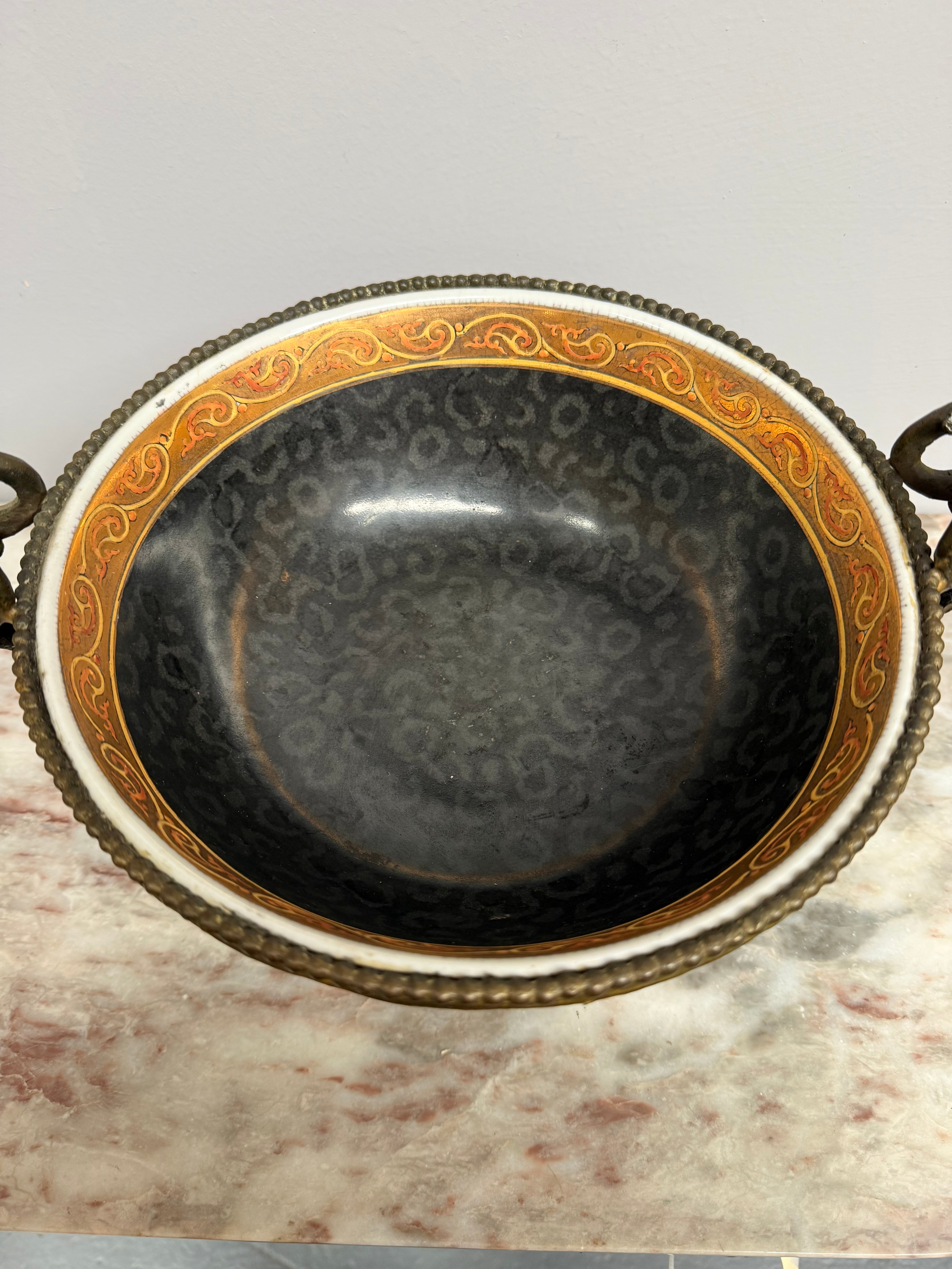 Vintage Decorative Bronze Mounted Gilded Ceramic Bowl On Feet
