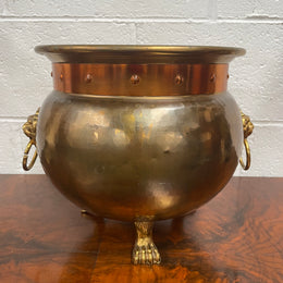 Vintage Brass & Copper Jardinière/Planter With Lions Head On Lion Legs