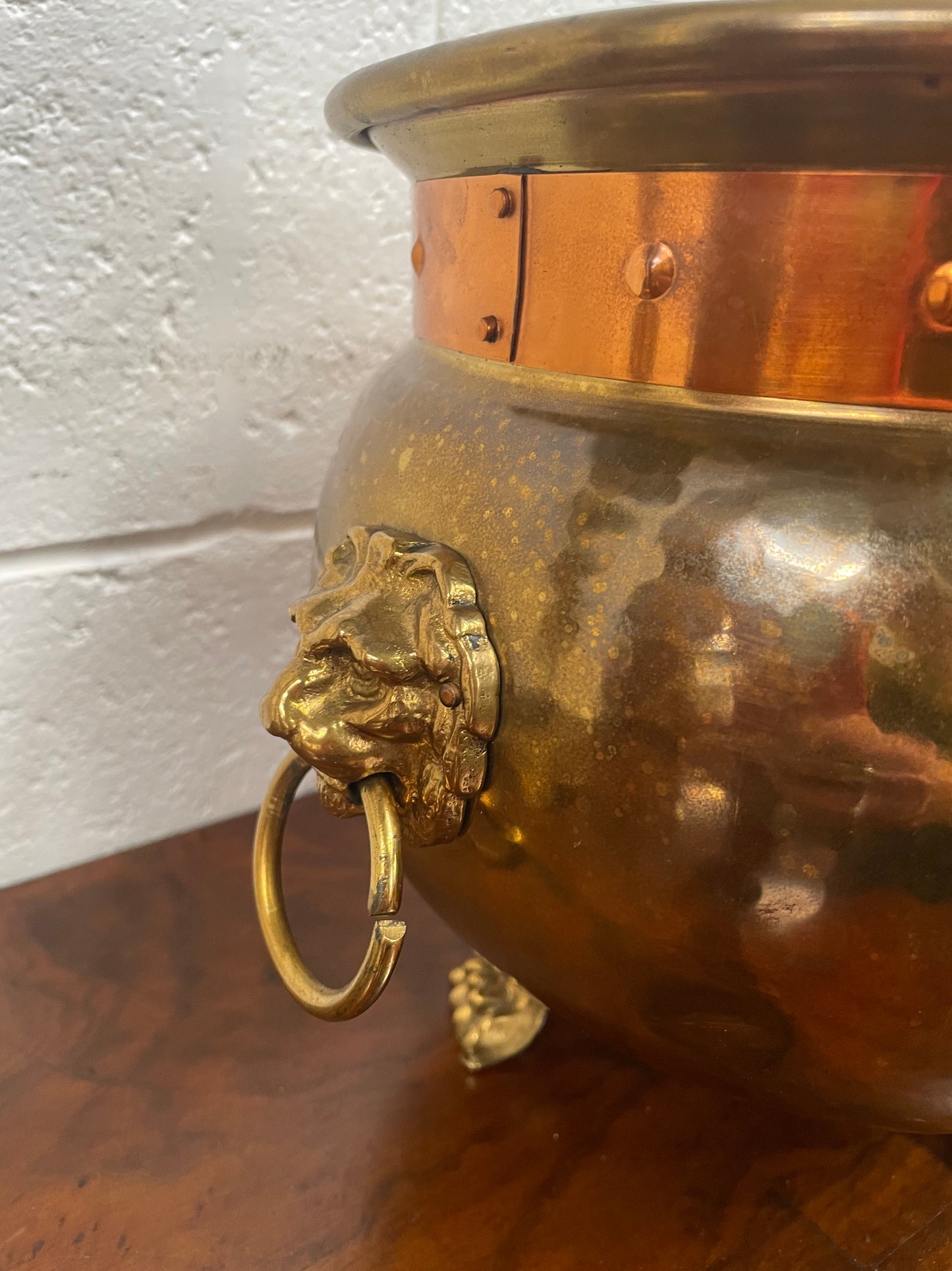 Vintage Brass & Copper Jardinière/Planter With Lions Head On Lion Legs