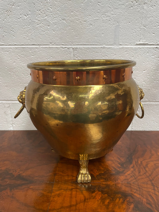 Vintage Brass & Copper Jardinière With Lions Head On Lion Legs