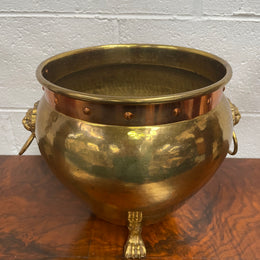 Vintage Brass & Copper Jardinière With Lions Head On Lion Legs