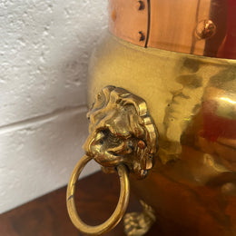 Vintage Brass & Copper Jardinière With Lions Head On Lion Legs