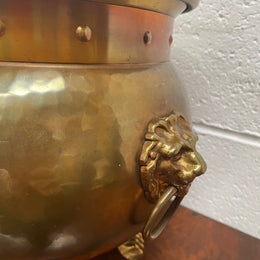 Vintage Brass & Copper Planter With Lions Head On Lion Legs