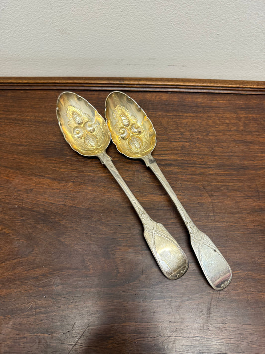 Matched Pair Georgian Sterling Silver Berry Spoons