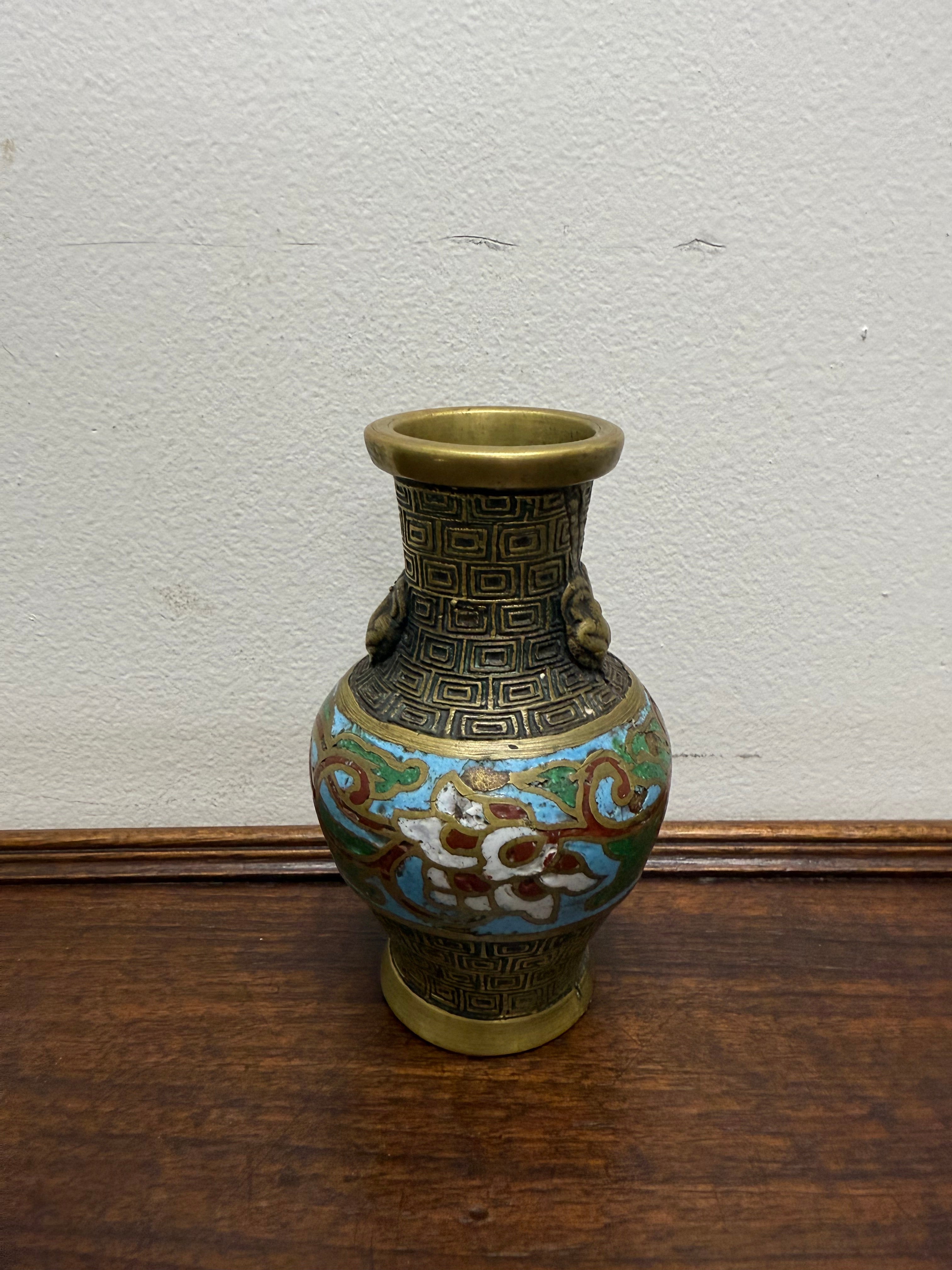 Chinese Champlevé & Cloisonne Enamel Brass Vase