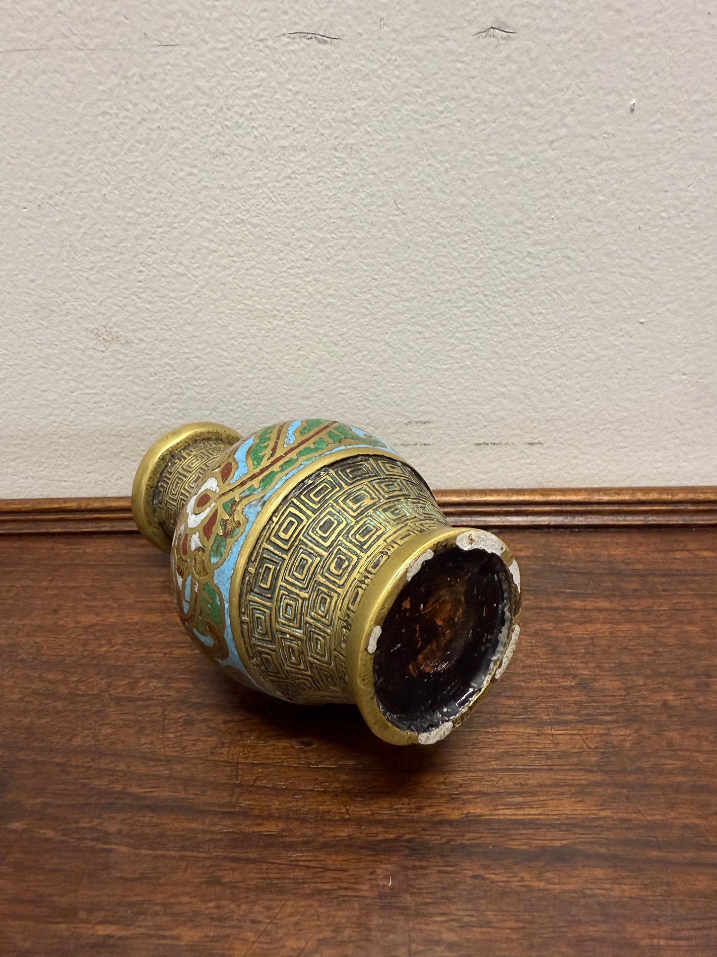 Chinese Champlevé & Cloisonne Enamel Brass Vase