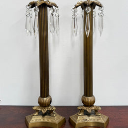 Pair Vintage Brass & Lustre Drops Candlesticks