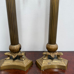 Pair Vintage Brass & Lustre Drops Candlesticks