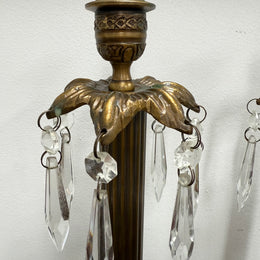 Pair Vintage Brass & Lustre Drops Candlesticks
