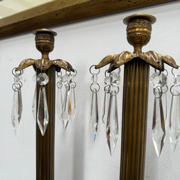 Pair Vintage Brass & Lustre Drops Candlesticks