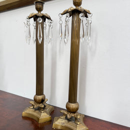 Pair Vintage Brass & Lustre Drops Candlesticks