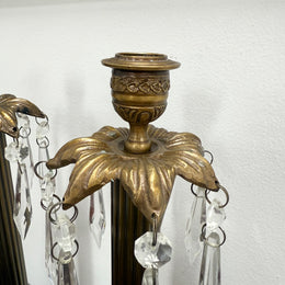 Pair Vintage Brass & Lustre Drops Candlesticks
