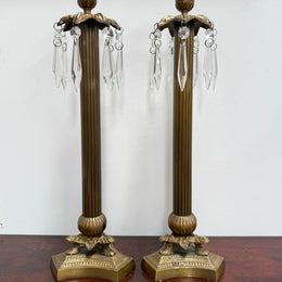 Pair Vintage Brass & Lustre Drops Candlesticks