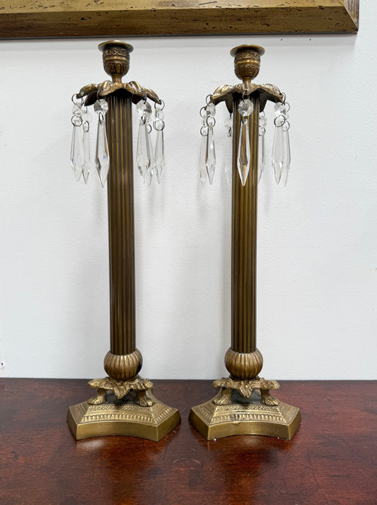Pair Vintage Brass & Lustre Drops Candlesticks