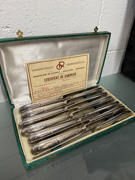 Pairs Made Vintage Set of 12 French Silver Plated Knifes in Original Box