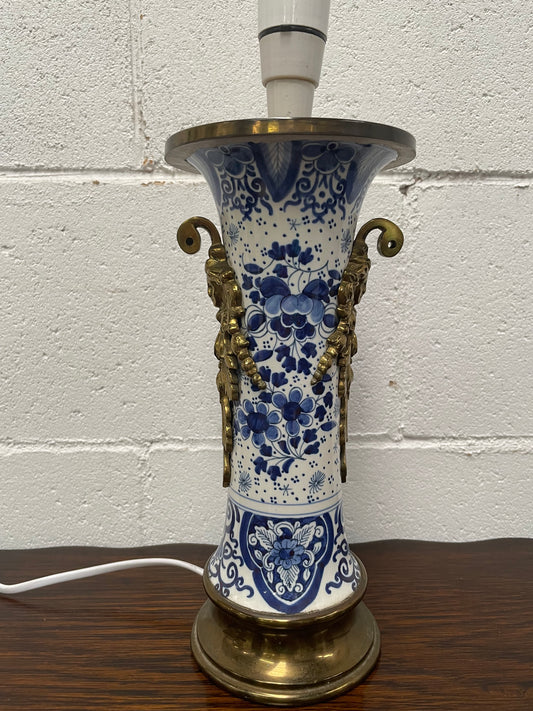 Vintage Delft Blue & White China & Brass Lamp