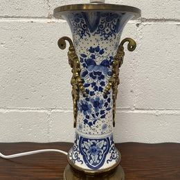 Vintage Delft Blue & White China & Brass Lamp