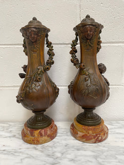 Pair of French Bronzed Metal Cherub Urns on a Marble Base | Antique & Vintage | Moonee Ponds Antiques | Australia Wide Delivery
