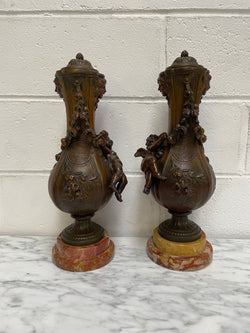 Pair of French Bronzed Metal Cherub Urns on a Marble Base | Antique & Vintage | Moonee Ponds Antiques | Australia Wide Delivery