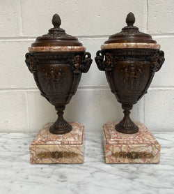 Pair of French Bronzed Spelter Urns on a Marble Base | Antique & Vintage | Moonee Ponds Antiques | Australia Wide Delivery