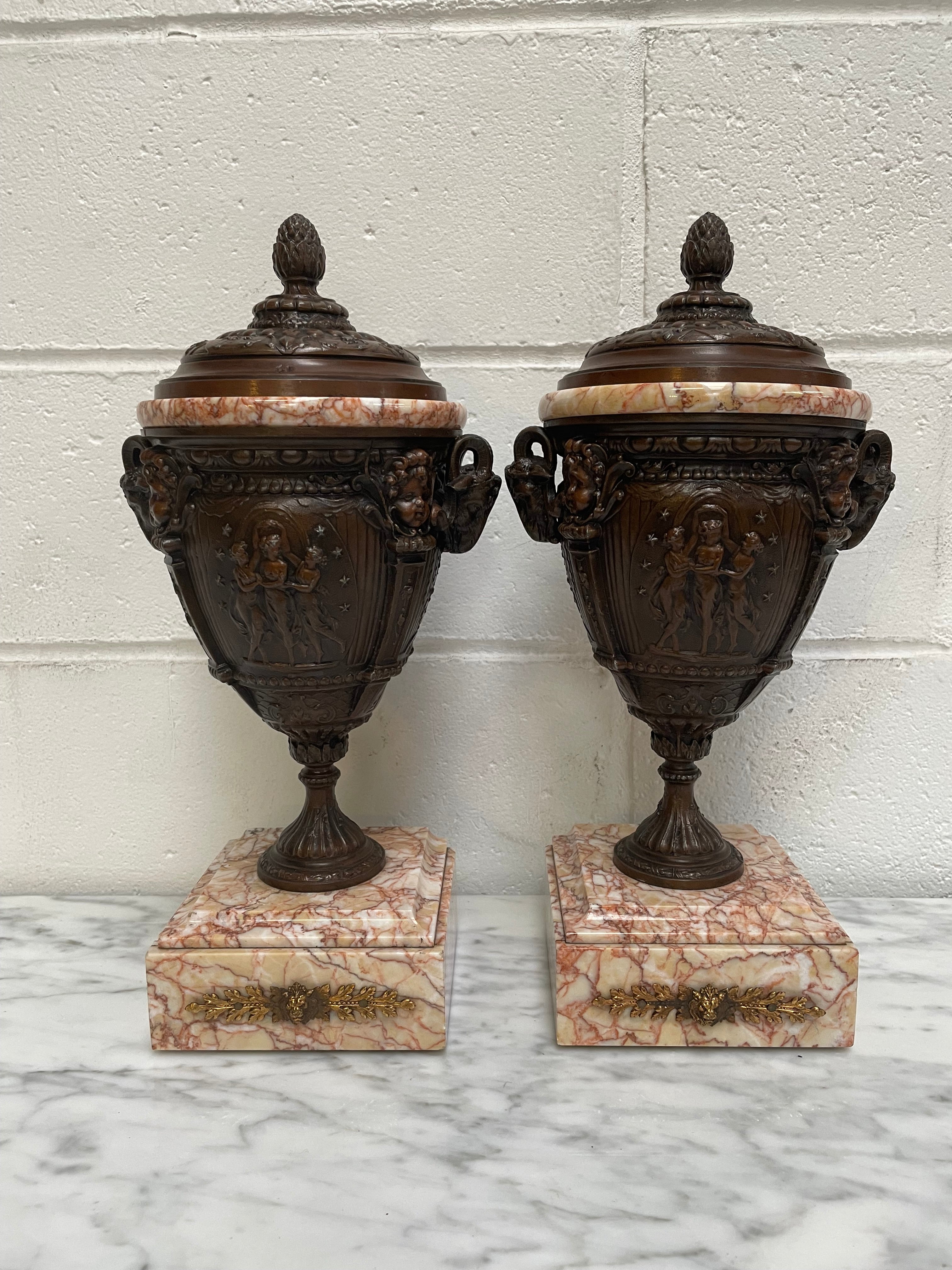 Pair of French Bronzed Spelter Urns on a Marble Base | Antique & Vintage | Moonee Ponds Antiques | Australia Wide Delivery