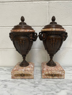 Pair of French Bronzed Spelter Urns on a Marble Base | Antique & Vintage | Moonee Ponds Antiques | Australia Wide Delivery
