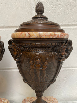 Pair of French Bronzed Spelter Urns on a Marble Base | Antique & Vintage | Moonee Ponds Antiques | Australia Wide Delivery