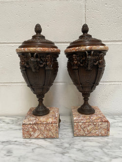 Pair of French Bronzed Spelter Urns on a Marble Base | Antique & Vintage | Moonee Ponds Antiques | Australia Wide Delivery