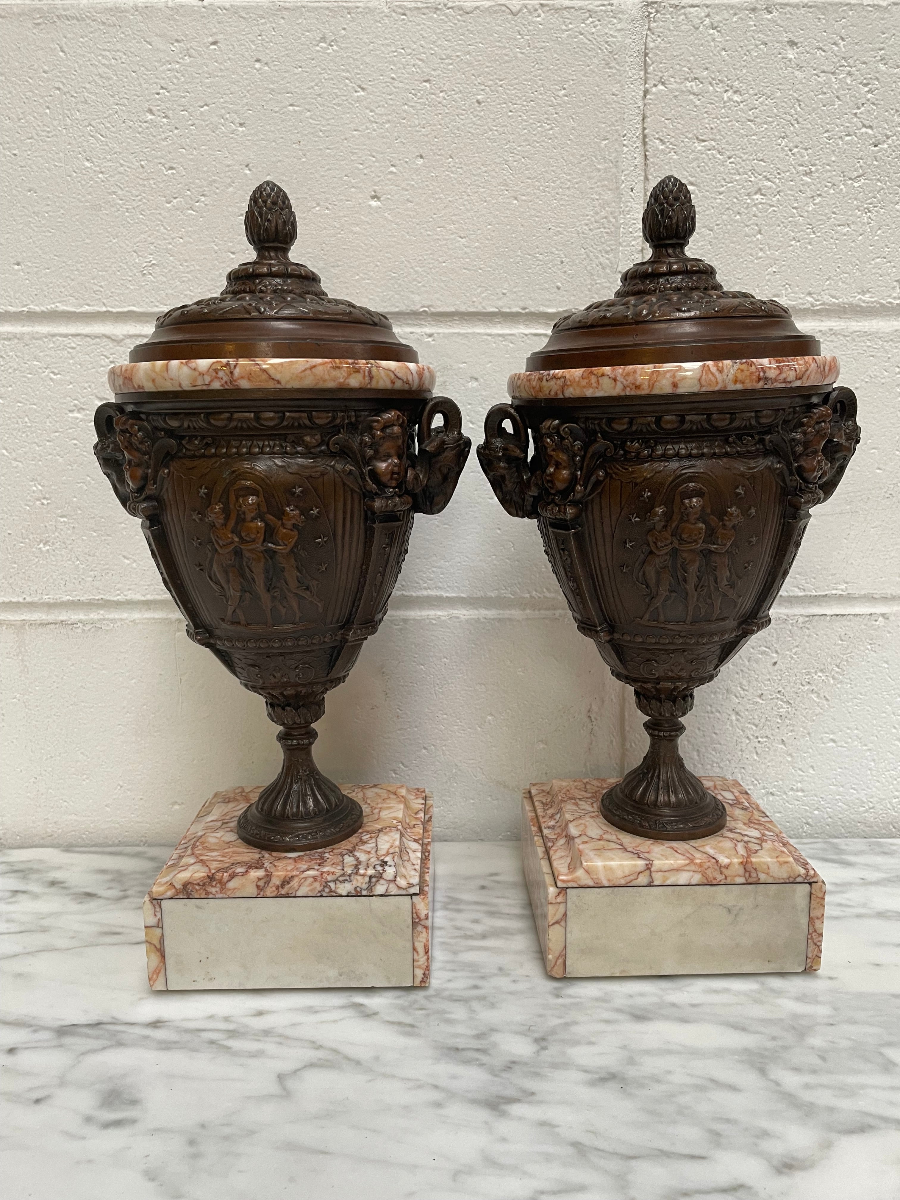 Pair of French Bronzed Spelter Urns on a Marble Base | Antique & Vintage | Moonee Ponds Antiques | Australia Wide Delivery