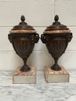 Pair of French Bronzed Spelter Urns on a Marble Base | Antique & Vintage | Moonee Ponds Antiques | Australia Wide Delivery