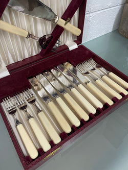 Hard to Find Vintage Bone Handed Fish Service Cutlery Set In Box | Antique & Vintage | Moonee Ponds Antiques | Australia Wide Delivery