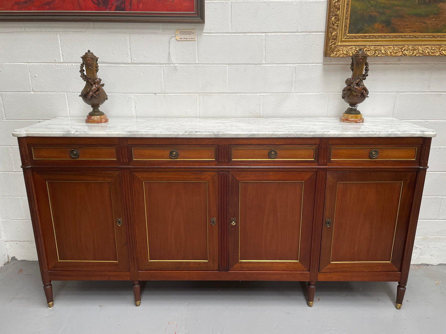 Hard to Find French Louis XVI Style Mahogany Marble Top Four Door Sideboard