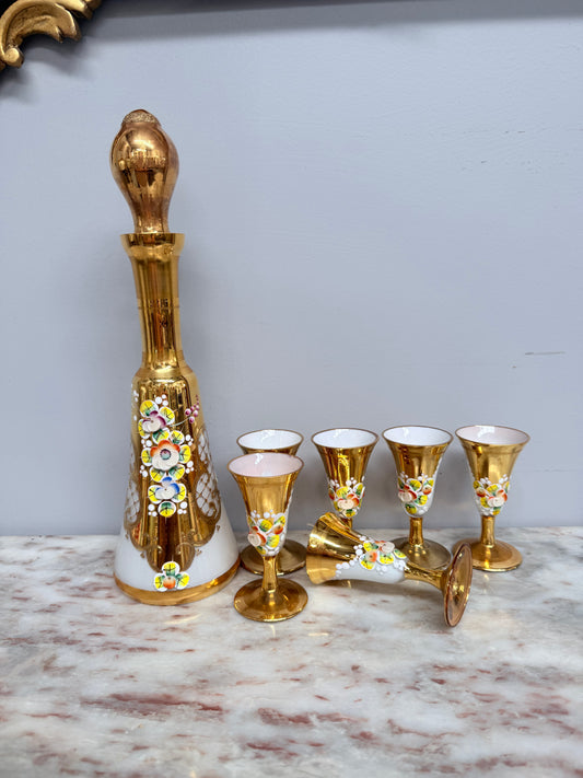 Vintage Opaline Decanter Set with Glasses