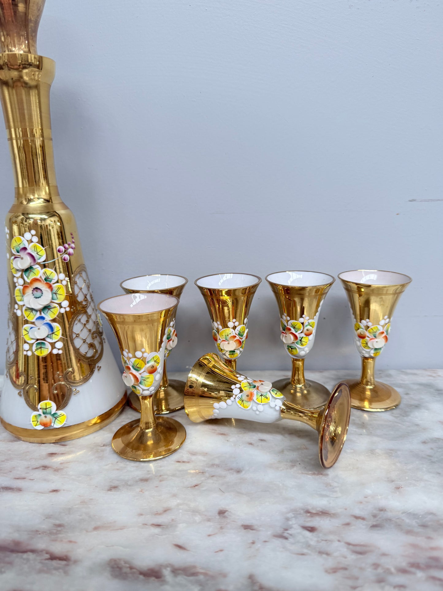 Vintage Opaline Decanter Set with Glasses