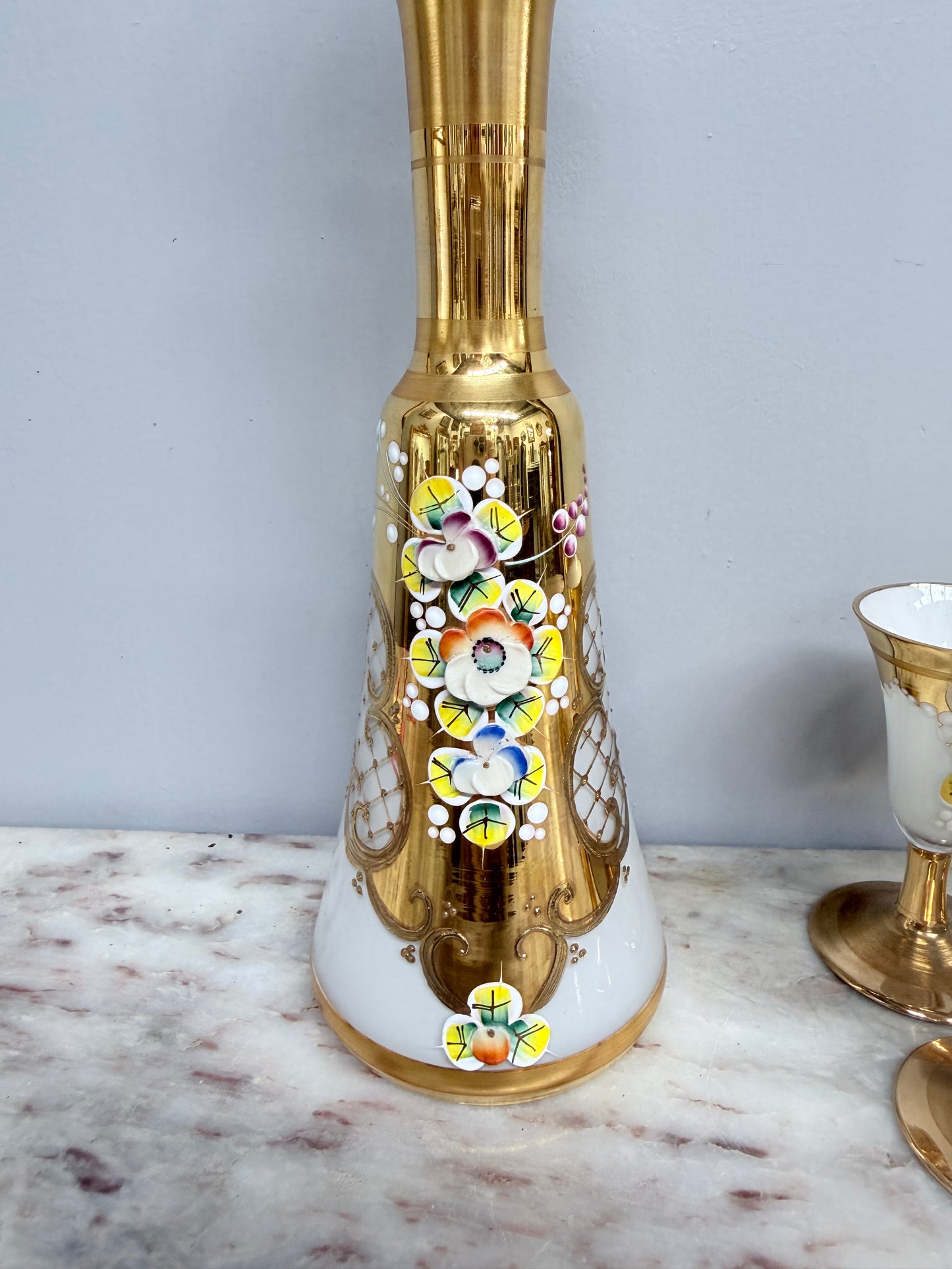 Vintage Opaline Decanter Set with Glasses