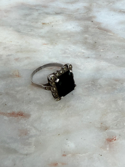 Vintage Onyx & Marcasite Silver Ring