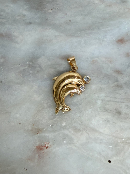 Vintage 9 Carat Yellow Gold Double Dolphin With White Stones Pendant
