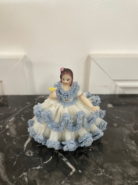 Dresden Lace Figurine of Lady Sitting Holding a Bird