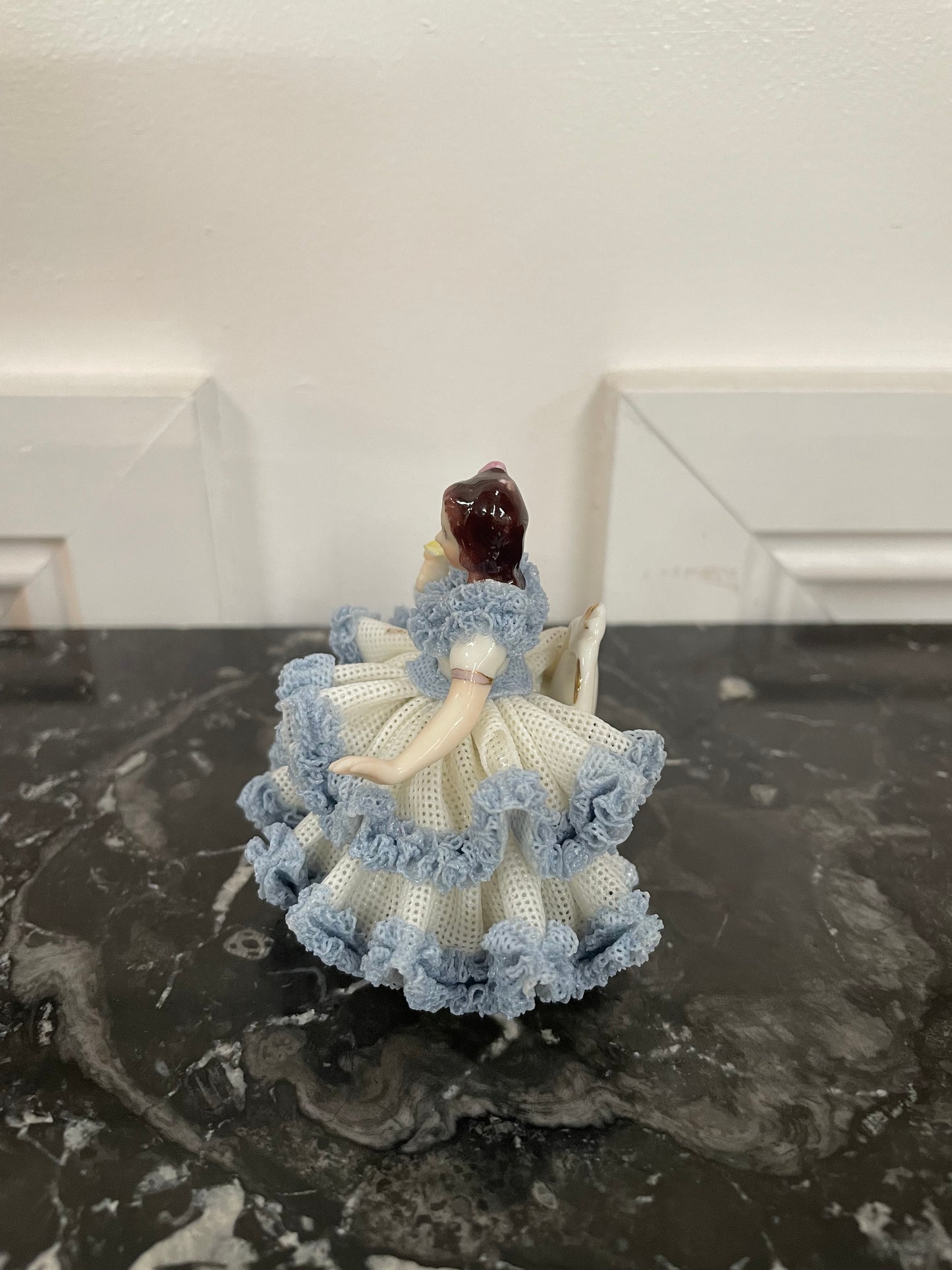 Dresden Lace Figurine of Lady Sitting Holding a Bird