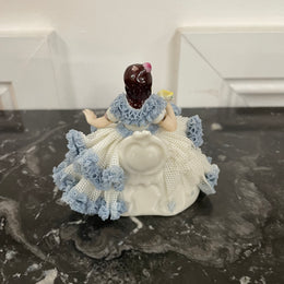 Dresden Lace Figurine of Lady Sitting Holding a Bird