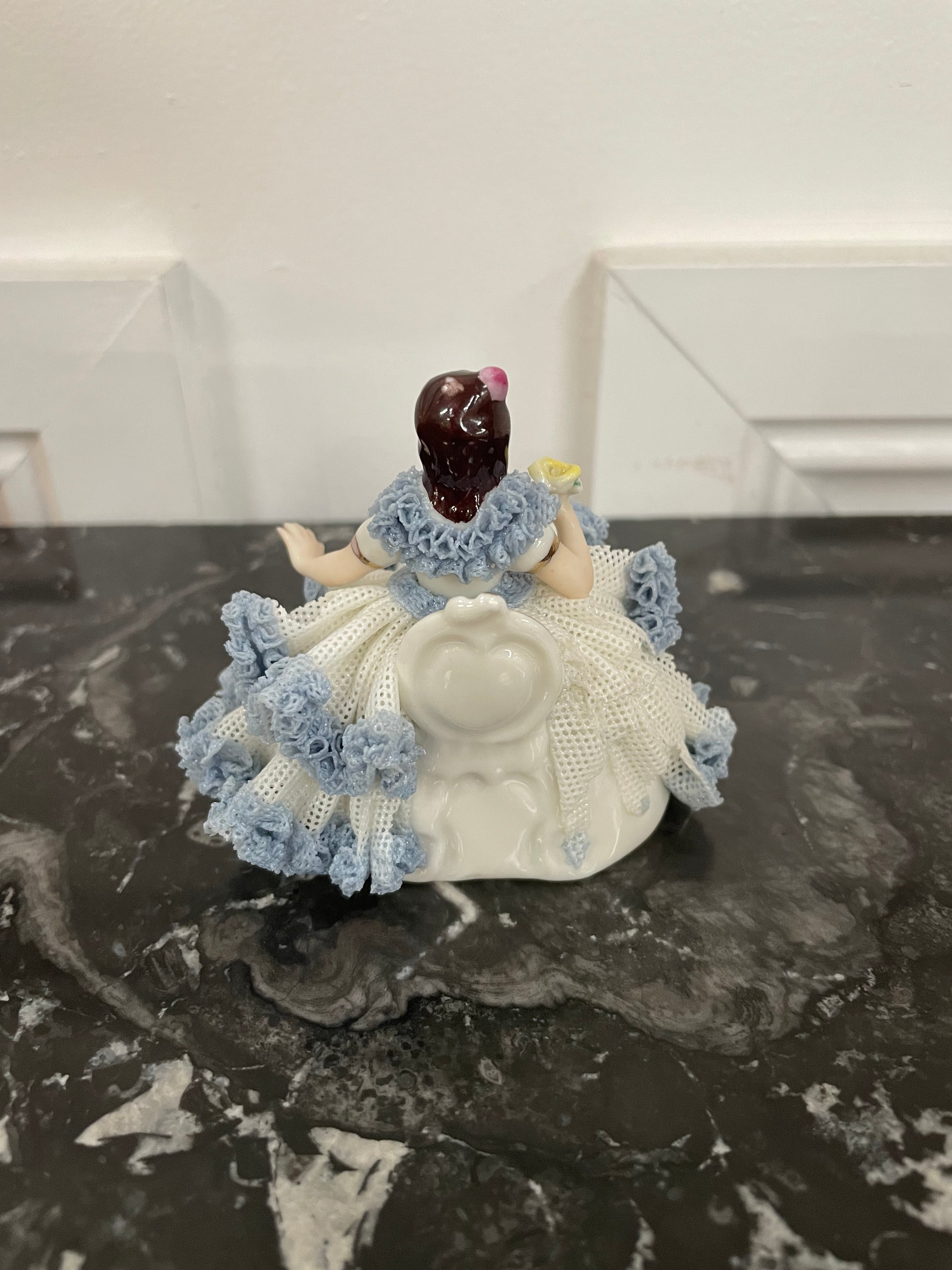 Dresden Lace Figurine of Lady Sitting Holding a Bird | Antique & Vintage | Moonee Ponds Antiques | Australia Wide Delivery