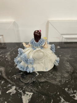 Dresden Lace Figurine of Lady Sitting Holding a Bird | Antique & Vintage | Moonee Ponds Antiques | Australia Wide Delivery