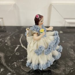 Dresden Lace Figurine of Lady Sitting Holding a Bird