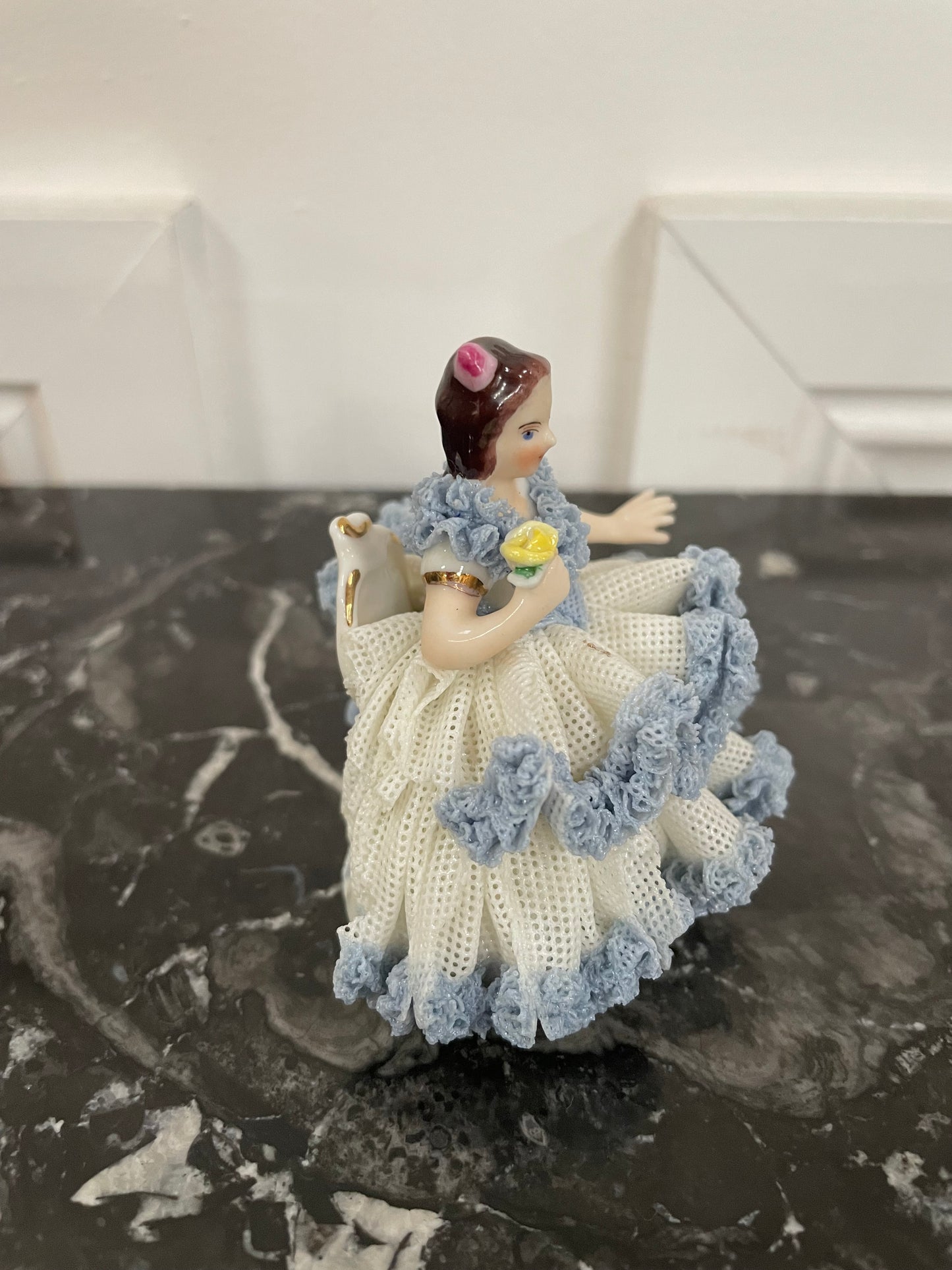 Dresden Lace Figurine of Lady Sitting Holding a Bird