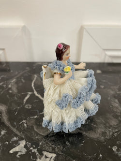 Dresden Lace Figurine of Lady Sitting Holding a Bird | Antique & Vintage | Moonee Ponds Antiques | Australia Wide Delivery