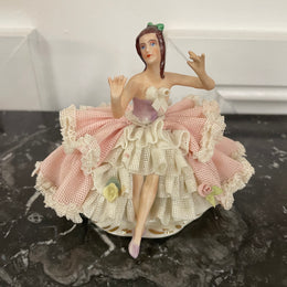 Dresden Lace Figurine of Lady in Pink & White Dress