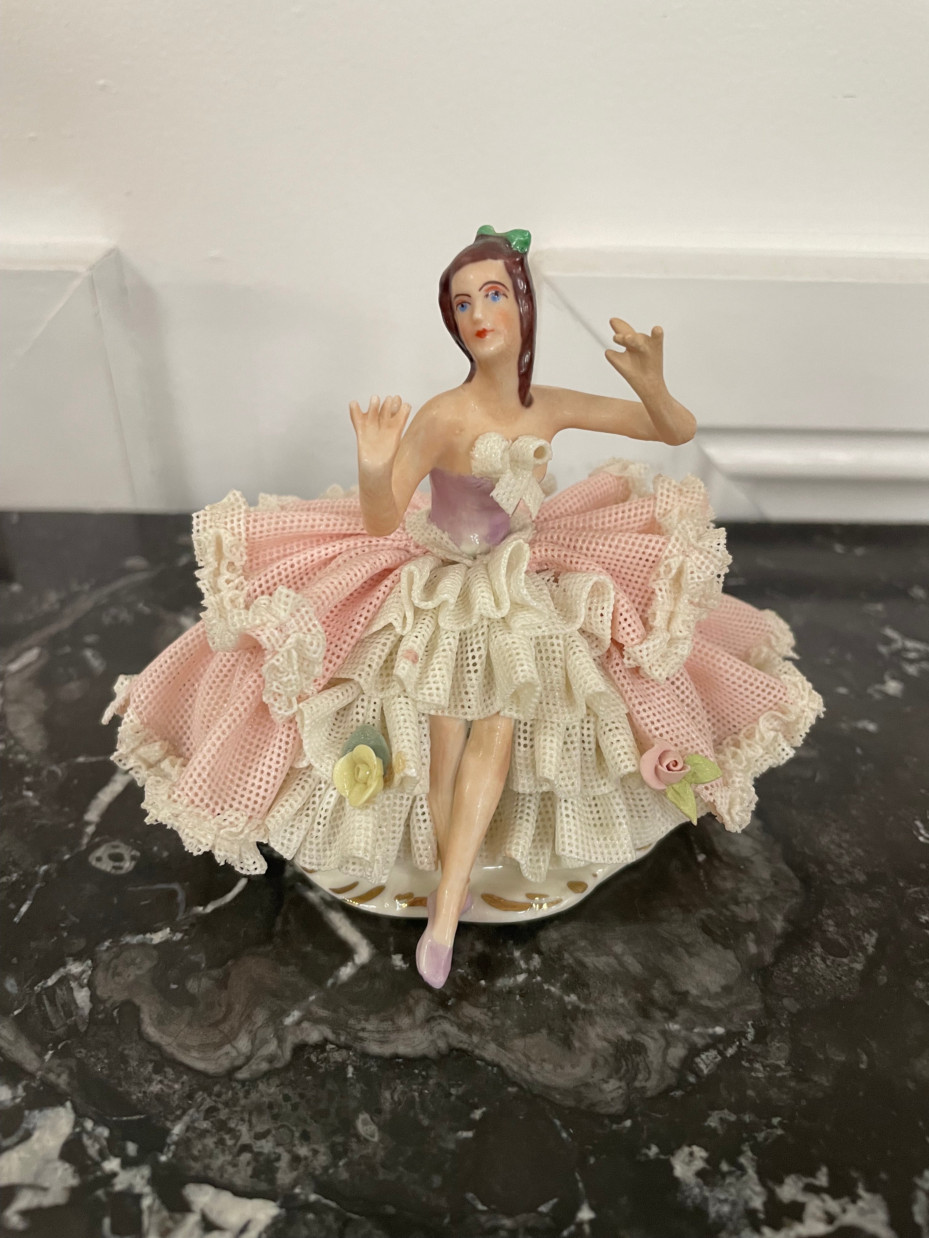 Dresden Lace Figurine of Lady in Pink & White Dress | Antique & Vintage | Moonee Ponds Antiques | Australia Wide Delivery