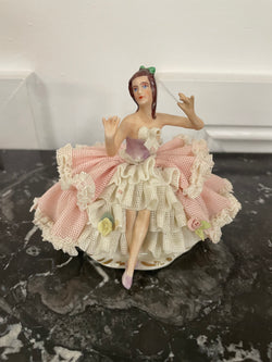 Dresden Lace Figurine of Lady in Pink & White Dress | Antique & Vintage | Moonee Ponds Antiques | Australia Wide Delivery